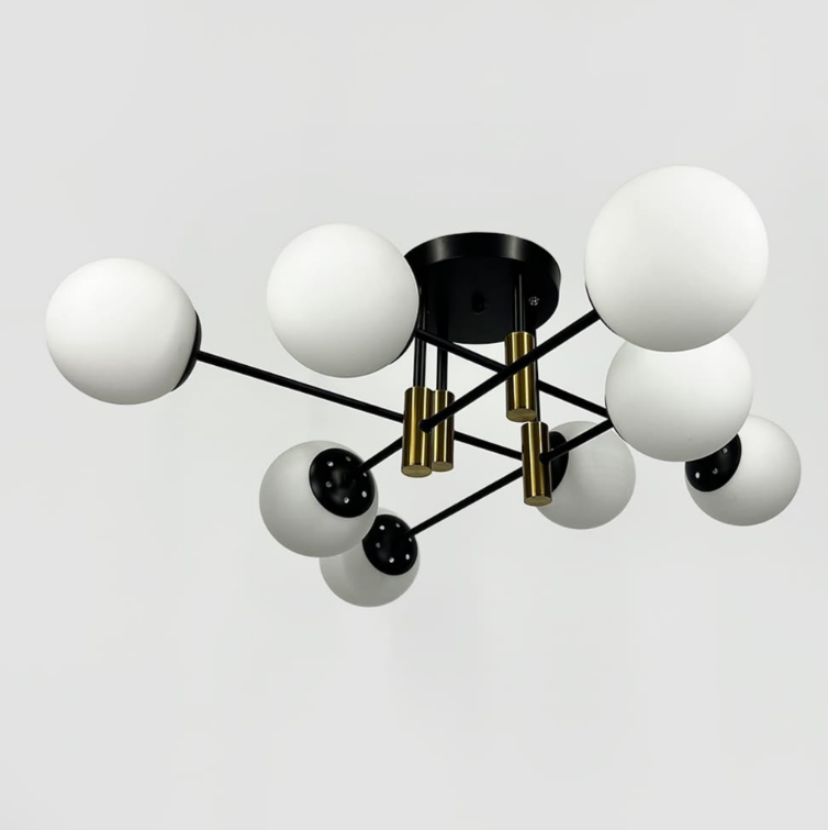 Стельова чорна люстра з латунною фурнітурою на 8 білих плафонів Ø 80 см 81188/8 CP+BK+WT, фото 1