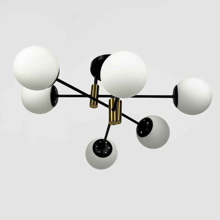 Стельова чорна люстра з латунною фурнітурою на 6 білих плафонів Ø 65 см 81188/6 CP+BK+WT, фото 1