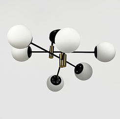 Стельова чорна люстра з латунною фурнітурою на 6 білих плафонів Ø 65 см 81188/6 CP+BK+WT