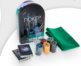 Набір для покеру з двома колодами карт та 120 фішками в металевій коробці та сукном 60х40 см