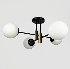 Стельова чорна люстра з латунною фурнітурою на 4 білих плафонів Ø 55 см 81188/4 CP+BK+WT