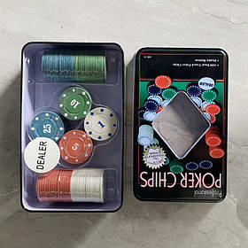 Набір фішок для покеру 100 штук з номіналами 1 5 10 25 євро та фішкою дилера у металевій коробці для ігор