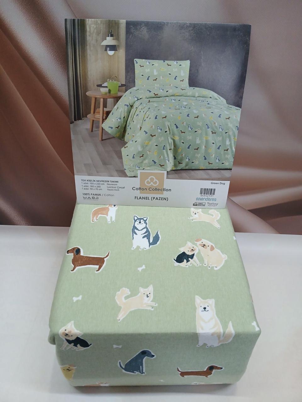 Постільна білизна фланелева байкова Cotton Collection євро розмір Green Dog, фото 1
