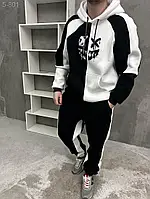 Мужской зимний черно-белый спортивный костюм трехнитка на флисе 2в1, Утепленный костюм черно-белого цвета с рисунком Худи Штаны
