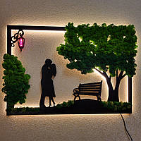 Романтична картина з мохом – закохана пара під ліхтарем, подарунок на весілля чи річницю з підсвіткою і без