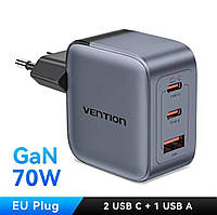 Зарядний пристрій Блок живлення Vention 70W GaN FEX 1U+2C євровилка Fast Charger для MacBook Pro/Air, iPhone 17 16 15 14 13, iPad
