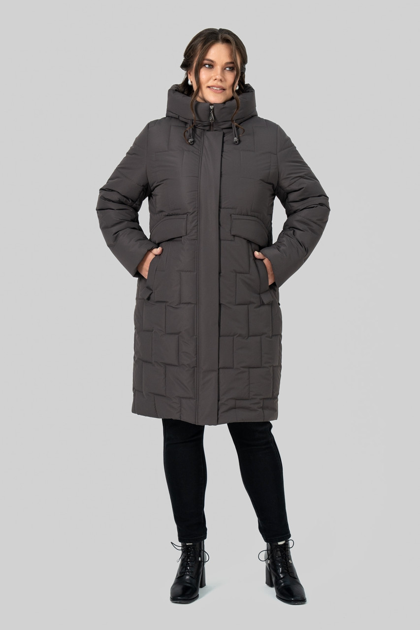Зимове жіноче пальто прямого крою з тінсулейтом великих розмірів 50-60 сіро-коричневе, фото 1