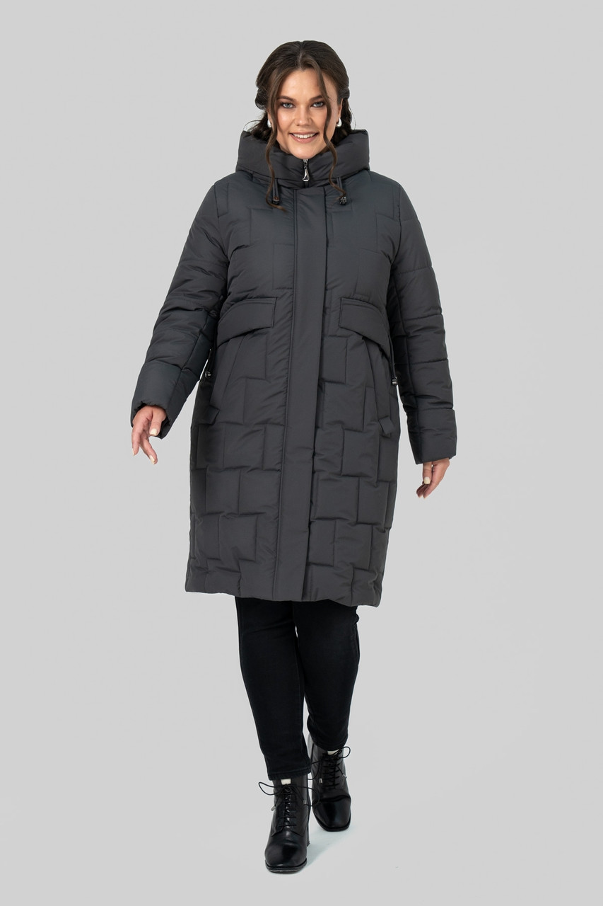 Зимове жіноче пальто прямого крою з тінсулейтом великих розмірів 50-60 графітове, фото 1