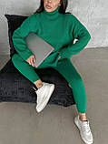 Вязаний теплий жіночий костюм лосіни і туніка з комірцем зелений, фото 4