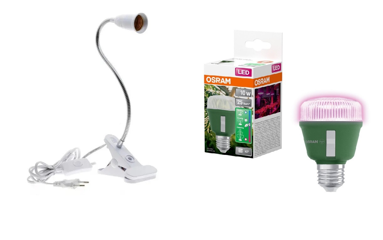 Фітолампа OSRAM T60 10W E27 + гнучкий світильник з прищіпкою