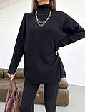 Вязаний теплий жіночий костюм лосіни і туніка з комірцем чорний, фото 2