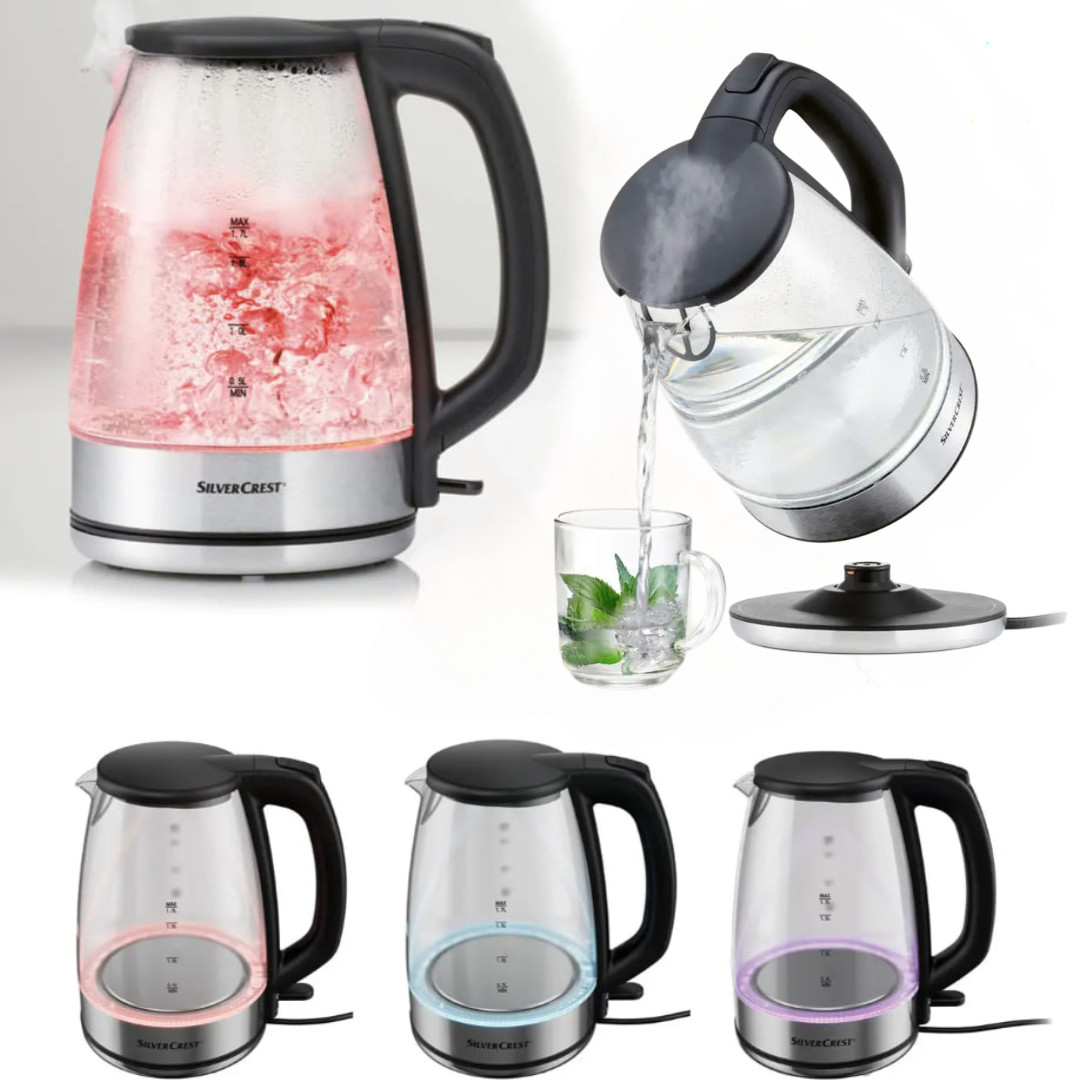 Скляний електрочайник з різнобарвною підсвіткою SilverCrest SWGF 3000 C1 (STRIX, 1.7 л, 3000 Вт, Німеччина), фото 1