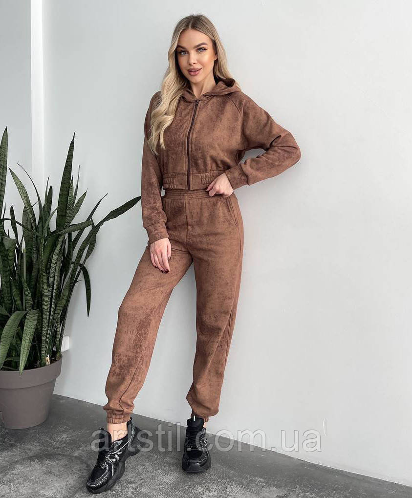 Спортивний костюм жіночий бавовняний (тринитка петля) з худі та джогерами коричневого кольору, мрамор, фото 1