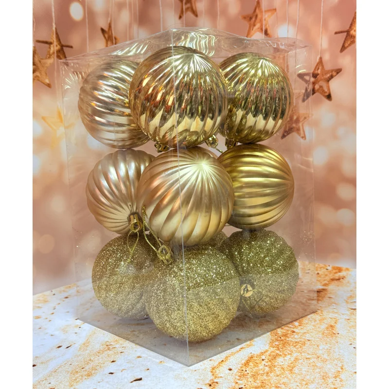 Набір ялинкових іграшок Рельєф пластикових круглих 12 шт 8 см Золотий