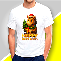 Футболка чоловіча з новорічним принтом "Сім'я коней Happy New Year"