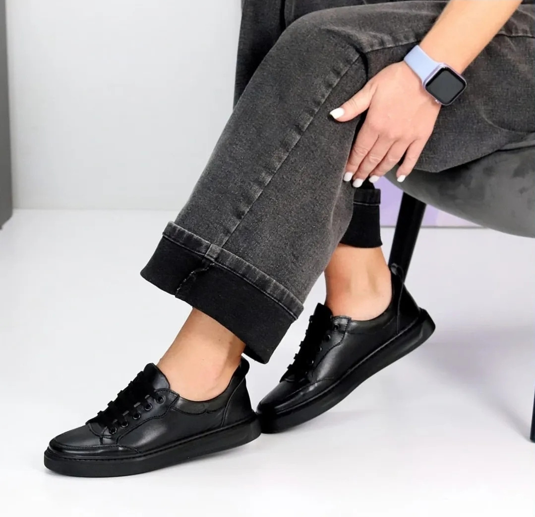 Кеди шкіряні жіночі стильні весна осінь чорні, фото 1