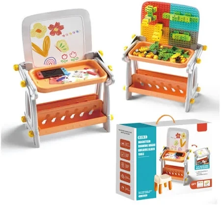 Багатофункціональний дитячий столик 4-в-1 з дошкою для малювання, конструктором і місцем для зберігання іграшок