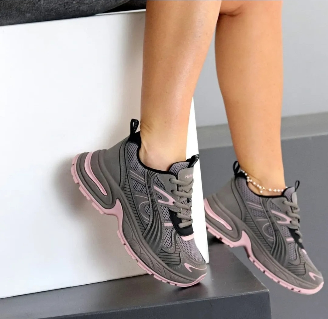 Кросівки жіночі з еко шкіри сірі з рожевим, фото 1