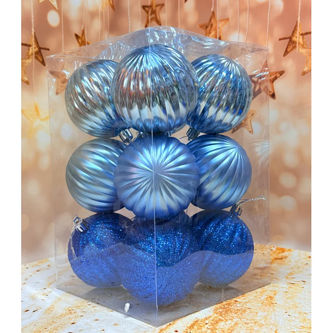 Набір ялинкових іграшок Рельєф пластикових круглих 12 шт 8 см Синій, фото 1