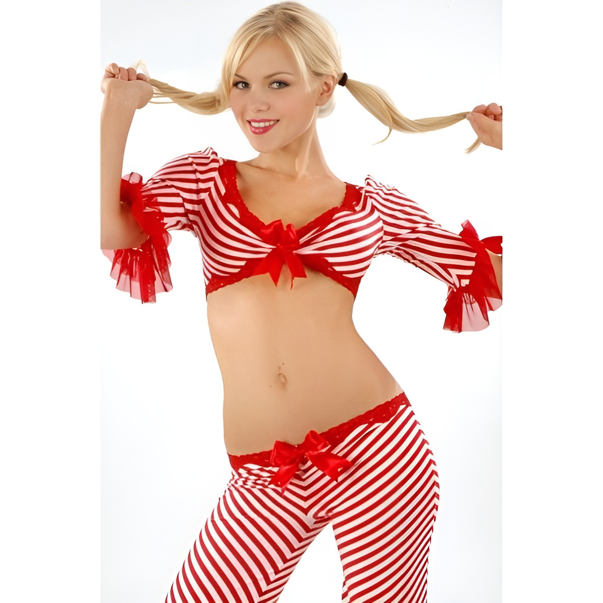 Жіночий новорічний карнавальний костюм «Карамельна паличка» у червоно-білу смужку — топ і штани