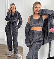 Теплий махровий домашній костюм трійка сірого кольору