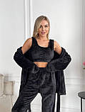 Теплий домашній костюм трійки, махровий жіночий чорний костюм, фото 3