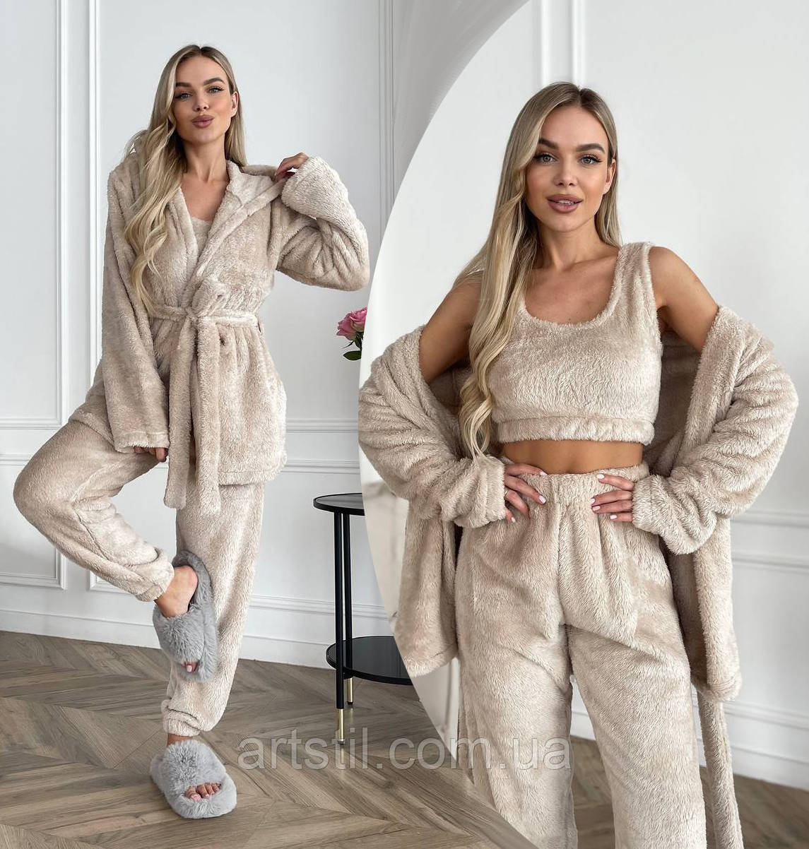 Теплий домашній  жіночий  костюм: махровий халат, топ і штани бежевого кольору, фото 1