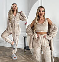 Теплий домашній  жіночий  костюм: махровий халат, топ і штани бежевого кольору