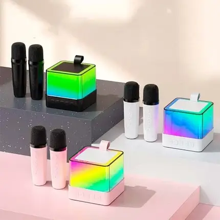 Бездротова портативна караоке колонка K18 з мікрофонами, RGB LED підсвічуванням, Bluetooth, USB, AUX, MicroSD, домашні та вуличні, фото 1