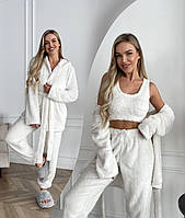 Білий махровий домашній жіночий костюм трійка короткий халат штани і топ