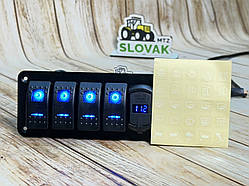 Блок перемикачів 4 клавіші, з підсвічуванням клавіш, 2-виходи USB + Вольтметр 12-24в