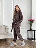 Костюм трійка махровий халат топ і штани, жіночий костюм для дому коричневий, фото 4
