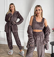 Костюм трійка махровий халат топ і штани, жіночий костюм для дому коричневий