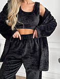 Теплий домашній костюм трійки, махровий жіночий чорний костюм, фото 7