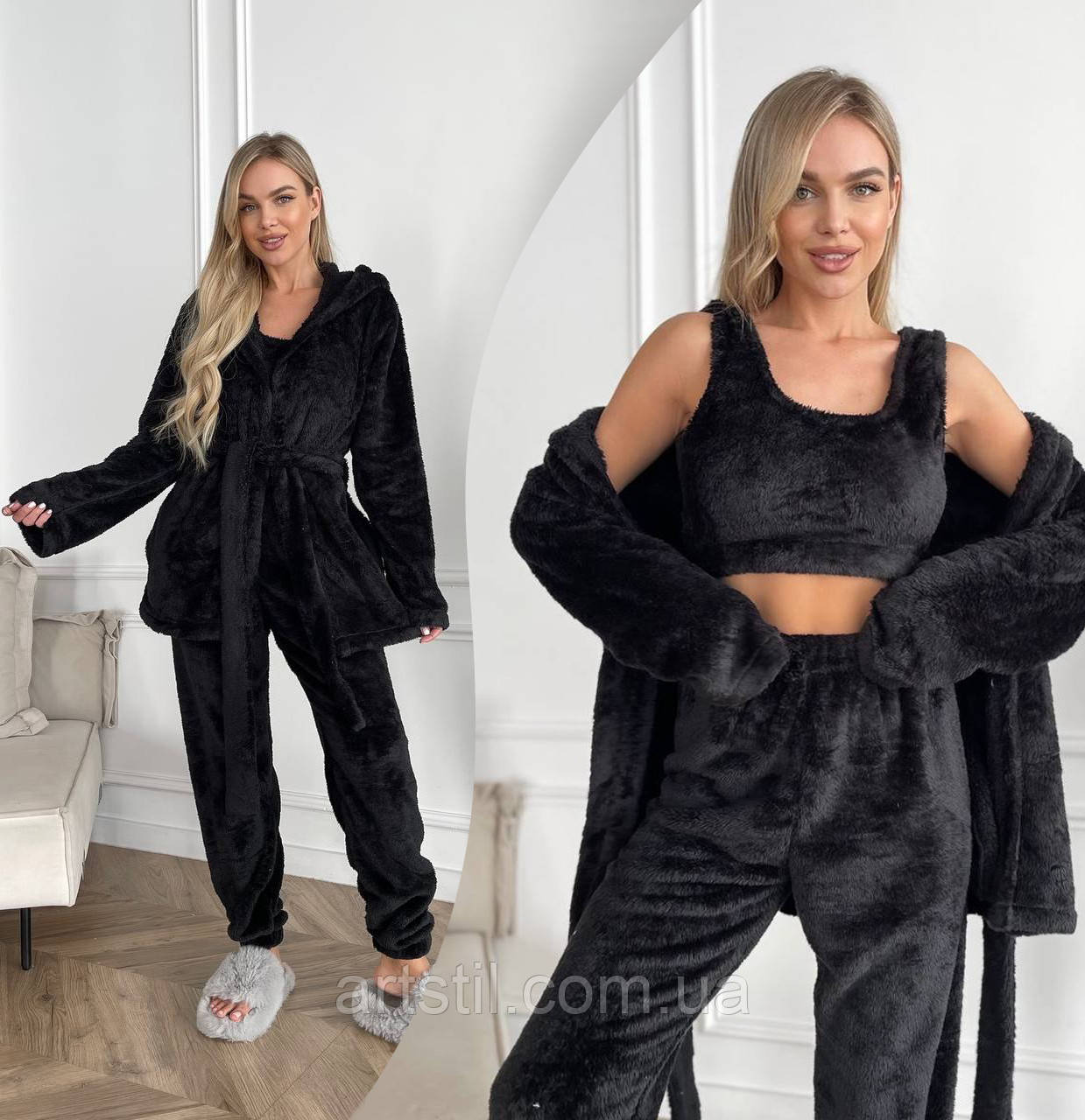 Теплий домашній костюм трійки, махровий жіночий чорний костюм, фото 1