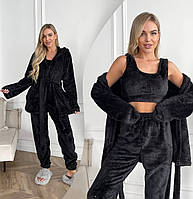 Теплий домашній костюм трійки, махровий жіночий чорний костюм