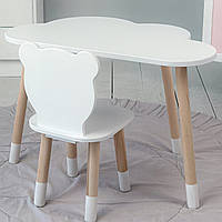 Стол тучка и стульчик детский белый мишка. Столик уроков, для игр, еды