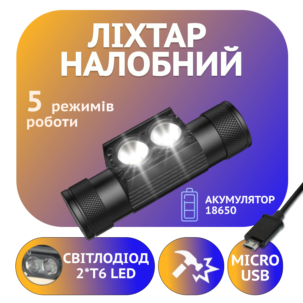 Налобний ліхтар PL165, 120, 2x T6 LED, 5 режимів освітлення, фото 1