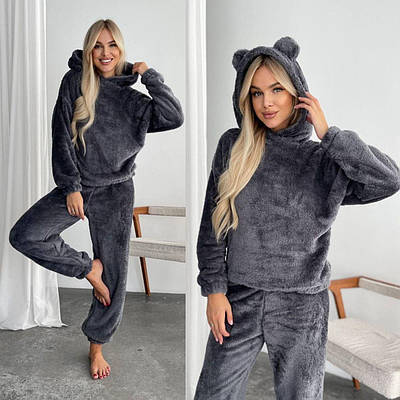 Зимовий махровий жіночий домашній костюм з капюшоном з вушками