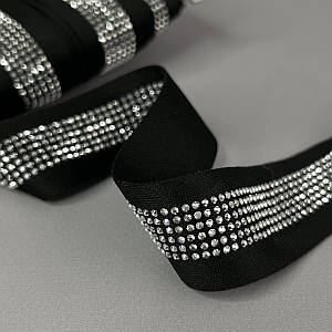 Лампасна тасьма трикотажна 3 см - чорна зі стразами срібло