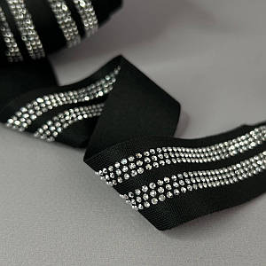 Лампасна тасьма трикотажна 3 см - чорна зі стразами срібло (дві полоси)