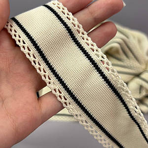 Лампасна тасьма-ажурна, трикотажна 4 см - айворі з чорними