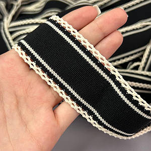 Лампасна тасьма-ажурна, трикотажна 4 см - чорна з бежевим