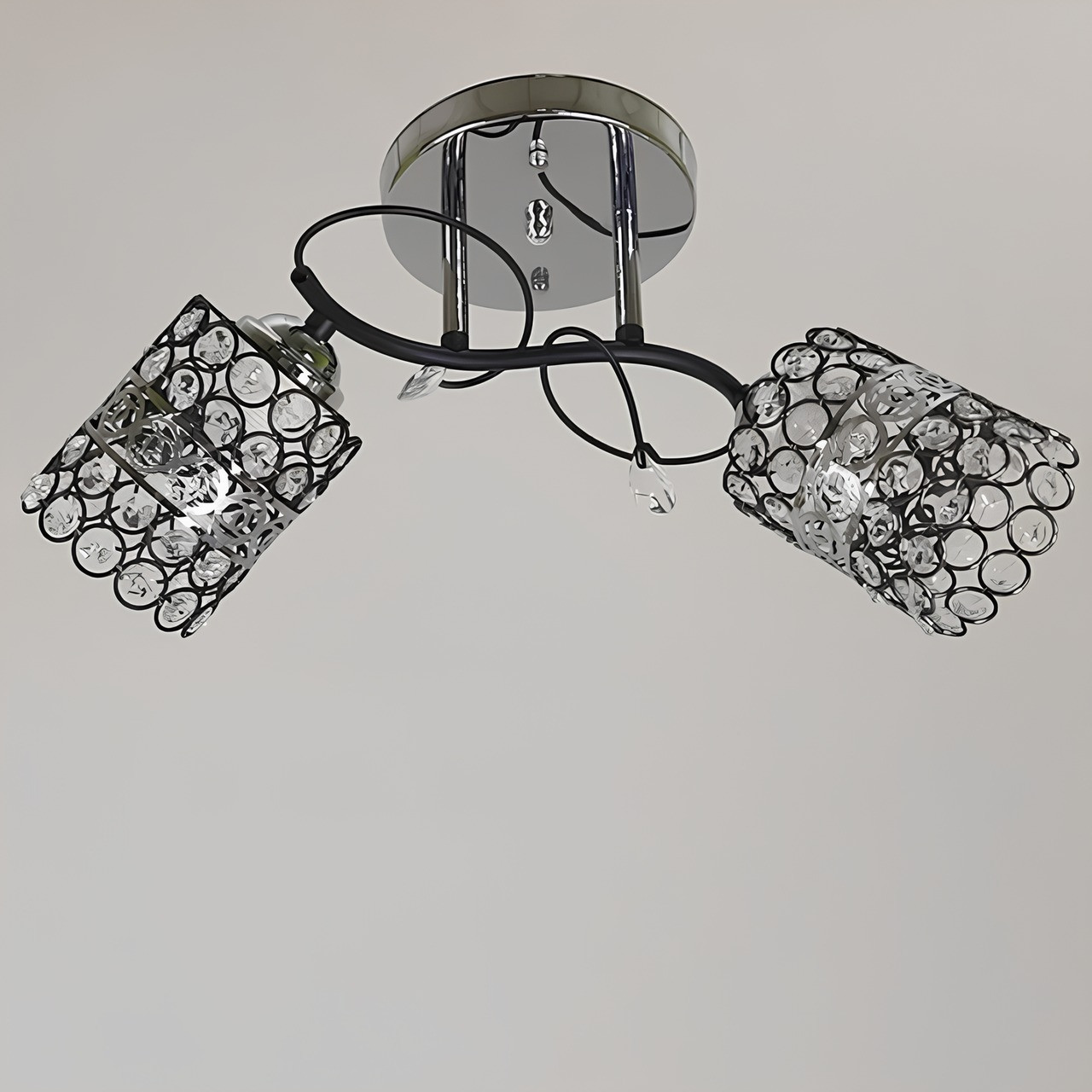 Стельова люстра з кришталиками на 2 плафони хром/чорний патрон E27