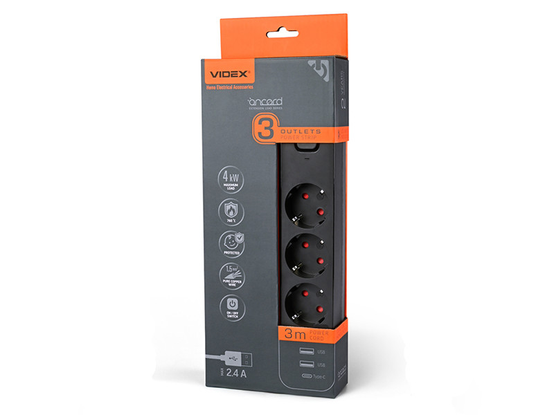 Мережевий подовжувач 3п 3м 1.5мм 2.4А 2USB+USB-C з/з та кнопкою Black ONCORD (PD33G2U1C-B) VIDEX