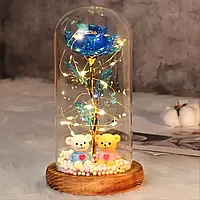 Нічник «Вічна троянда в колбі з ведмедиками та кулями» (блакитна, 18 см)