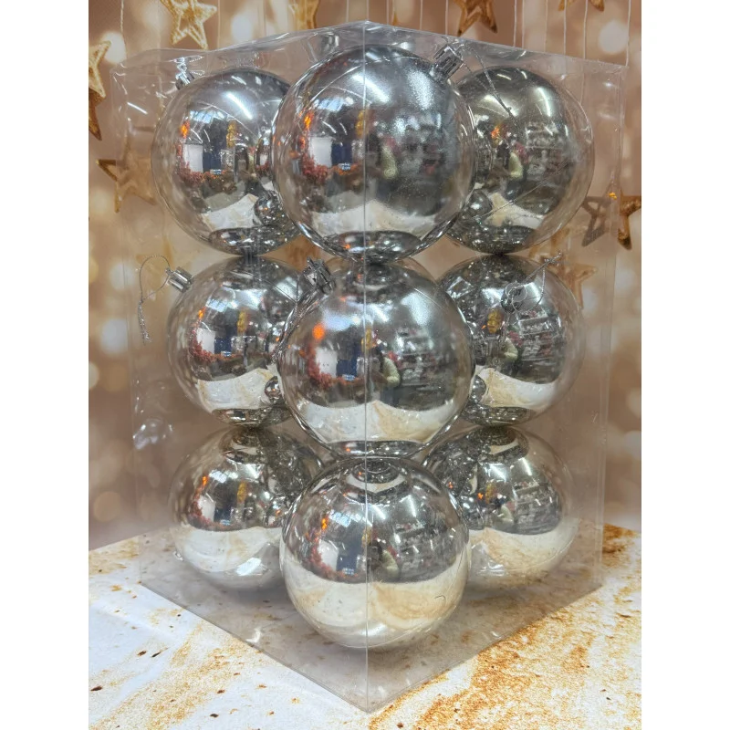 Набір ялинкових іграшок пластикових круглих 12 шт 10 см Сріблястий, фото 1