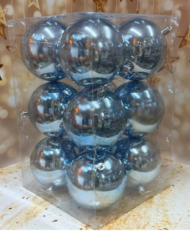 Набір ялинкових іграшок пластикових круглих 12 шт. 10 см Блакитний, фото 1