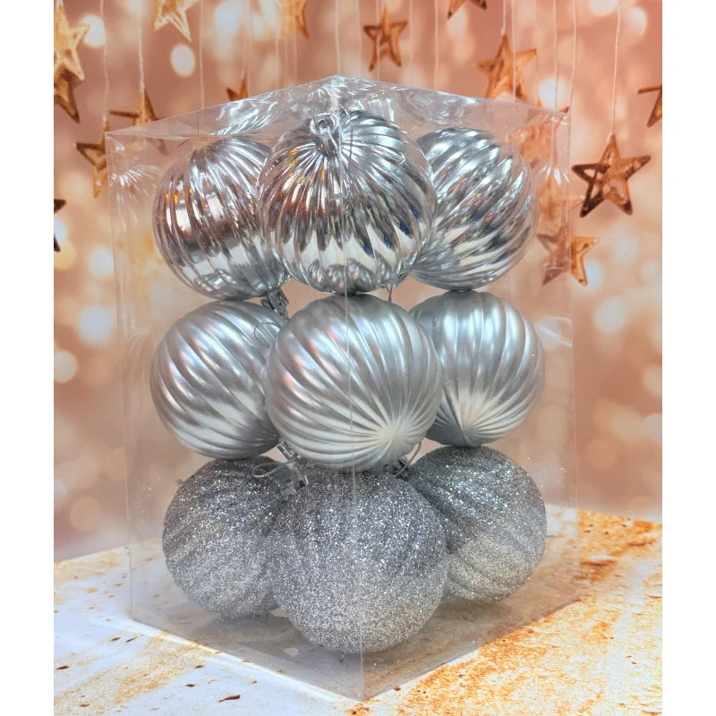 Набір ялинкових іграшок Рельєф пластикових круглих 12 шт. 8 см Срібний, фото 1
