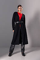 Довгий жіночий кардиган чорний з мохеру та вовни під пояс 48-52